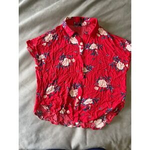 HM Red Floral Button Down Short Sleeve Blouse Shirt US 2